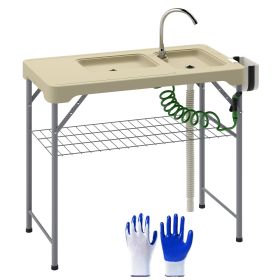 Folding Fish Cleaning Table with Sinks, Portable Camping Sink Table with Faucet, Drainage Hose, Sprayer, Shelf, Drawer and Storage Basket